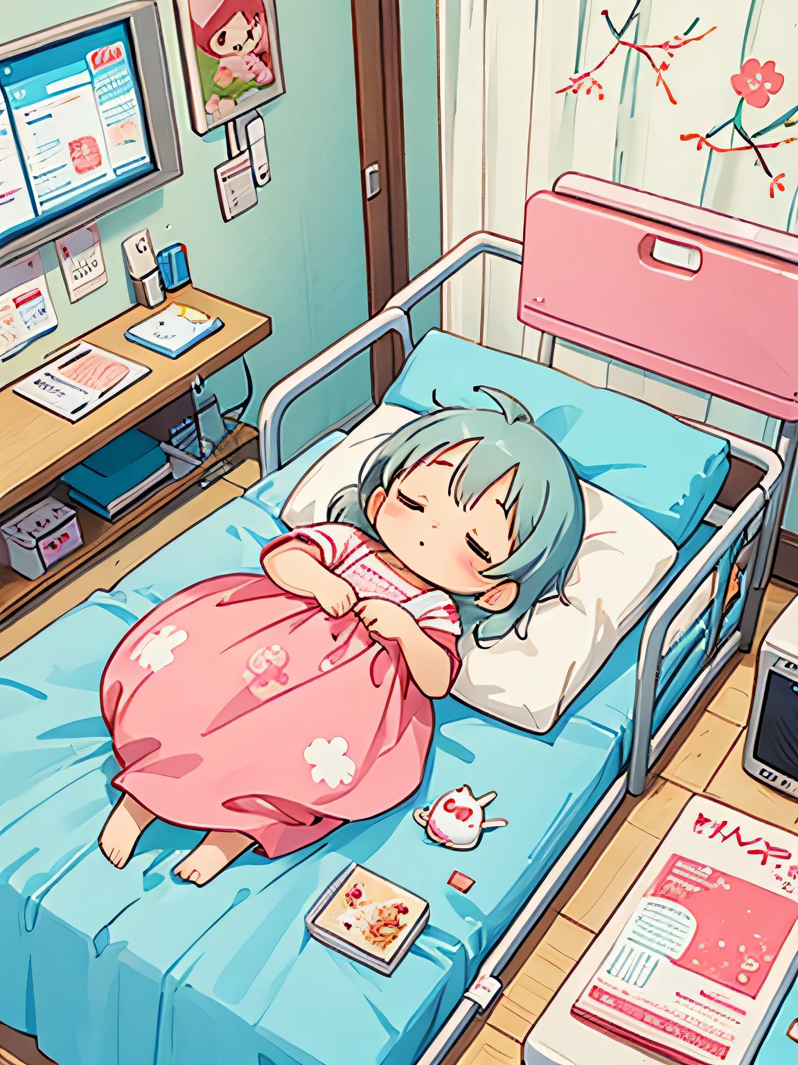 Hayao Mayazaki style, Kawaii Design, The most beautiful girl of all time、chibi, afternoon nap, Hospital bed