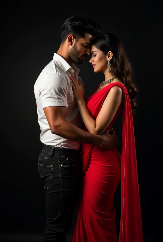 A beautiful lean Indian woman wearing read saree locking her hands with the handsome man's neck who is tall handsome muscular like a supermodel wearing white button up t-shirt and black jeans. Ai cover. His hands are on her waist. Background black. The man is indian. He should be like sidharth Malhotra