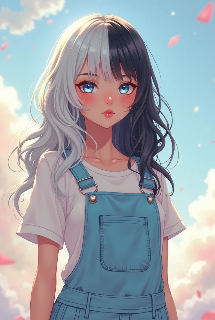 A femboy with two tone hair color of platinum white and Black hair , fair face , pink pouty lips , silver blue eyes , rosy checks and wearing baby blue dungree