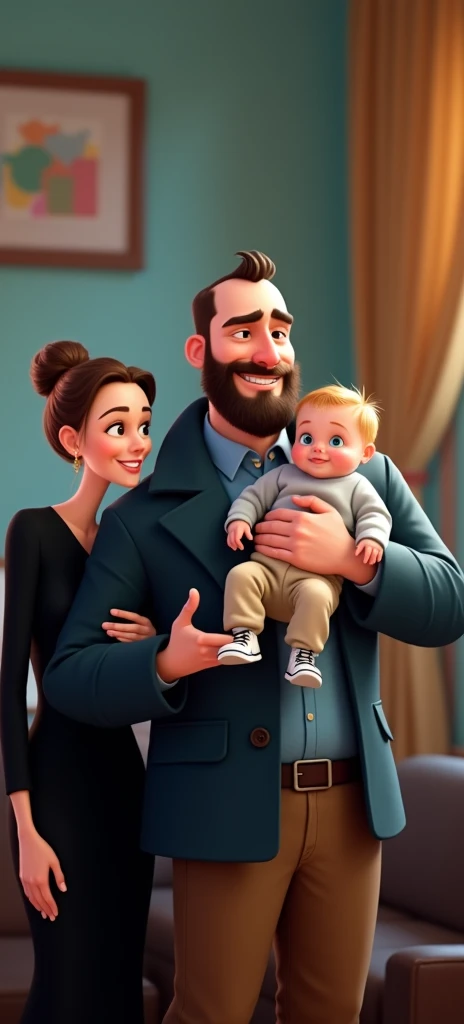 Happy family of 3 people, an adult couple and an 8-month-old baby. The father is in the center, he is wearing dark blue coat and light blue shirt and brown pants, he is the tallest, big and strong, full shaved bald hair and has a medium black Viking-style beard, with light brown eyes and he has grumpy face, he is not smiling. The father is holding the 8-month-old baby in his left arm. The eight-month-old baby has dark blond hair and big dark blue eyes, the baby is wearing light grey jumper and light brown pants and converse withe shoes. The mother has light brown hair and light brown eyes, her hair tied up and a beautiful smile, she is very beautiful and elegant. She is wearing black dress, Character should be colorful and have a fun, friendly look, with exaggerated, expressive features. Pixar style.