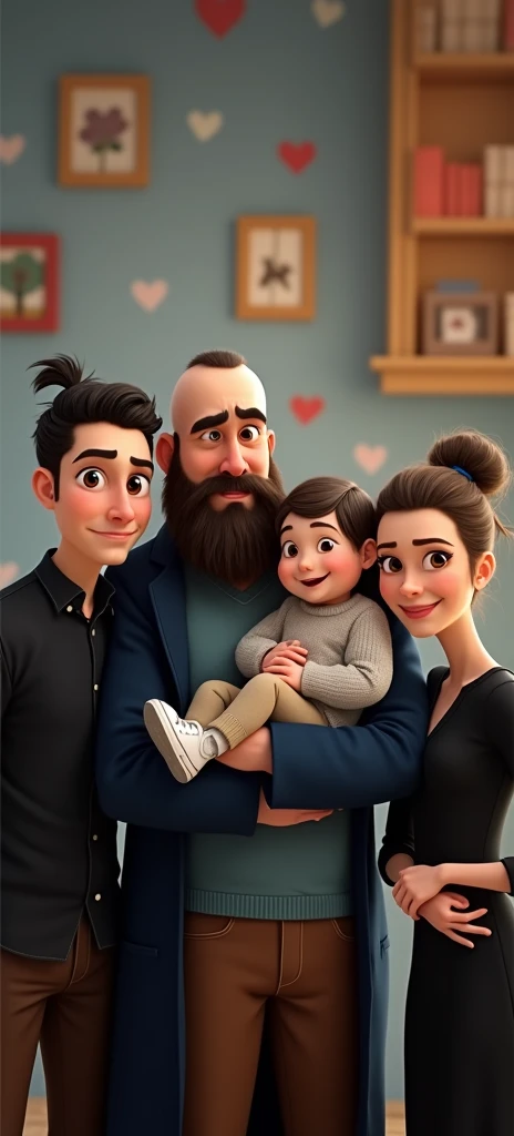 Happy family of 3 people, an adult couple and an 8-month-old baby. The father is in the center, he is wearing dark blue coat and light blue shirt and brown pants, he is the tallest, big and strong, full shaved bald hair and has a medium black Viking-style beard, with light brown eyes and he has grumpy face, he is not smiling. The father is holding the 8-month-old baby in his left arm. The eight-month-old baby has dark blond hair and big dark blue eyes, the baby is wearing light grey jumper and light brown pants and converse withe shoes. The mother has light brown hair and light brown eyes, her hair tied up and a beautiful smile, she is very beautiful and elegant. She is wearing black dress, Character should be colorful and have a fun, friendly look, with exaggerated, expressive features. Pixar style.