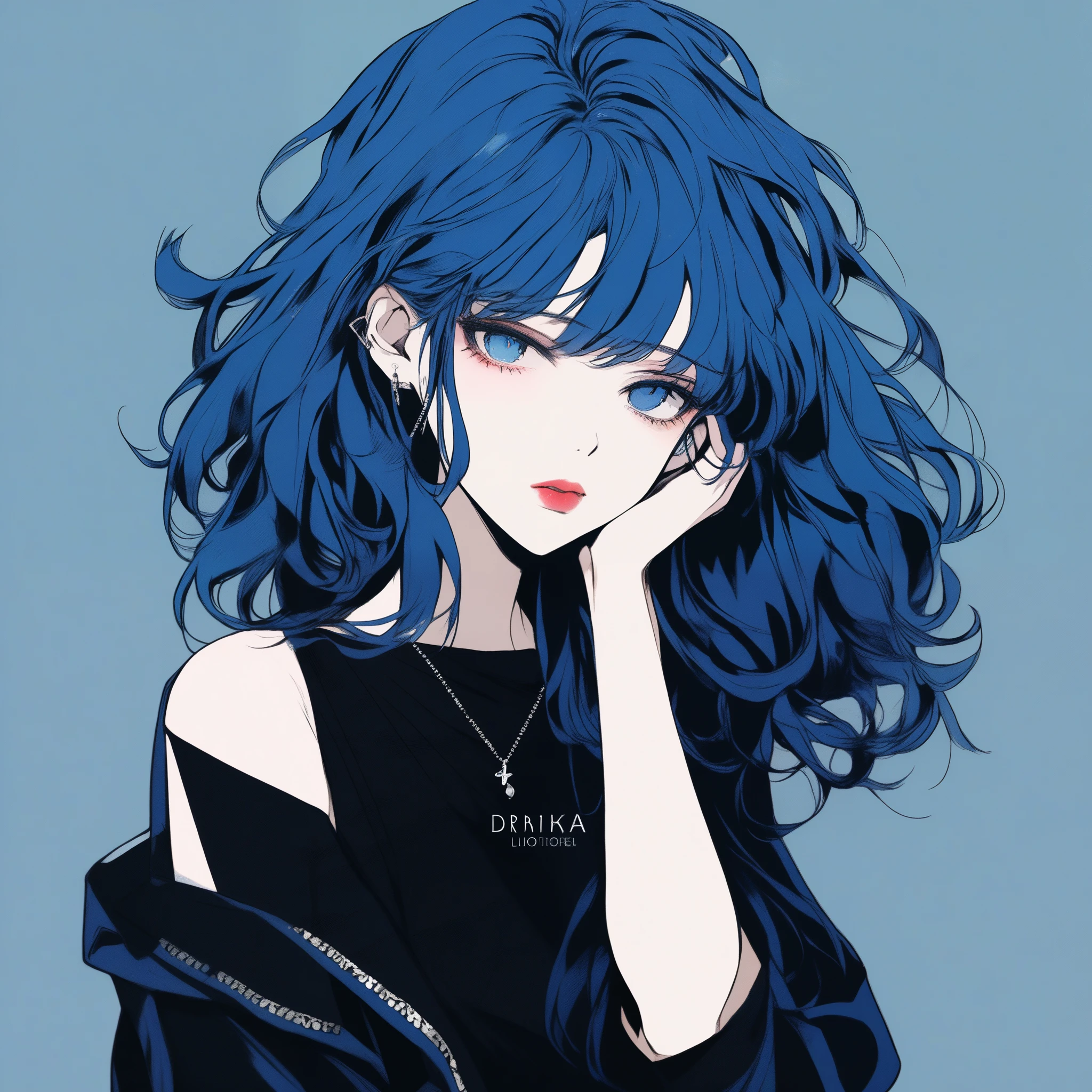 Illustrator, anime , Realistic ,sketch , 1 person, ,lip,Album artwork,order,Texture Trim, (masterpiece,Highest quality) Dark background, Black and marine blue hair,Texture Trim, (masterpiece,Highest quality) ,whole body
