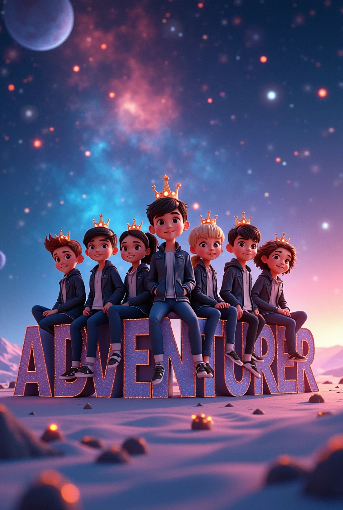 3D Animated of boys and girls seating in text "ADVENTURER" with Crown . Wearing black and white jacket . the background is outer space