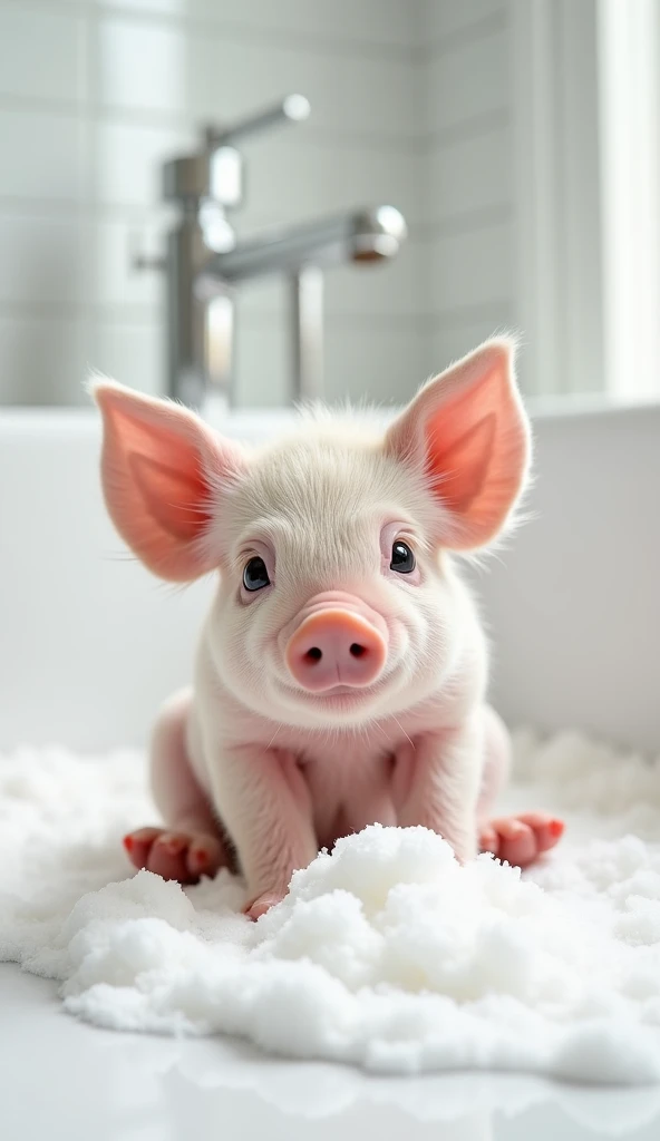 A cute and real little pig, sit on the floor，Chubby，Round head，Big bright eyes, Fluffy, Delicate and exquisite, Real version of pig，Play with real white foam in the bathroom，Pure white high-end bathroom background，Character front position，9:16 frames，Ultra-high-definition picture quality