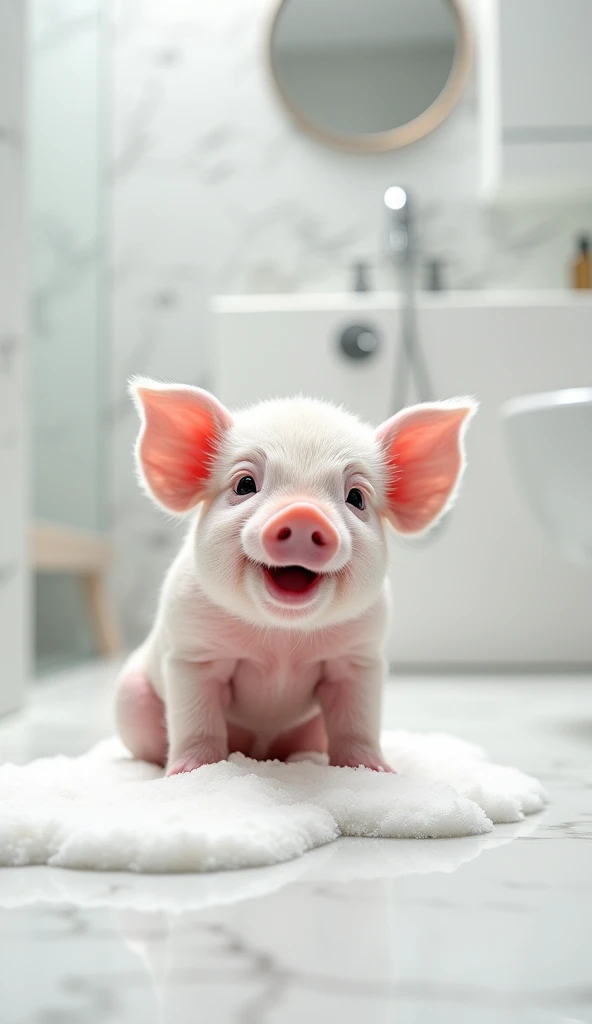A cute and real little pig, sit on the floor,Chubby,Round head,Big bright eyes, Fluffy, Delicate and exquisite, Real version of pig,Play with real white foam in the bathroom,Pure white high-end bathroom background,Character front position,9:16 frames,Ultra-high-definition picture quality