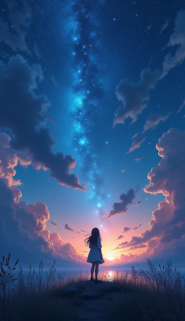 star-filled night sky,  clouds, beautiful detailed , serene expression, (best quality,4k,8k,highres,masterpiece:1.2),ultra-detailed,(realistic,photorealistic,photo-realistic:1.37),painting, landscape, dramatic lighting, moody atmosphere, vibrant colors, dynamic composition