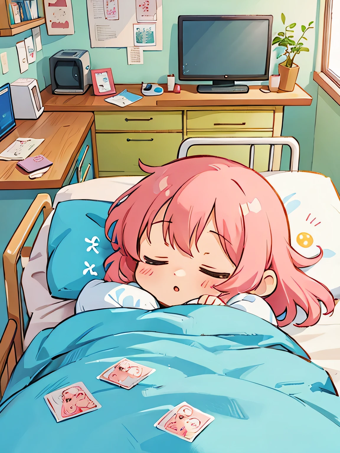 Hayao Mayazaki style, Kawaii Design, The most beautiful girl of all time、chibi, afternoon nap, Hospital bed