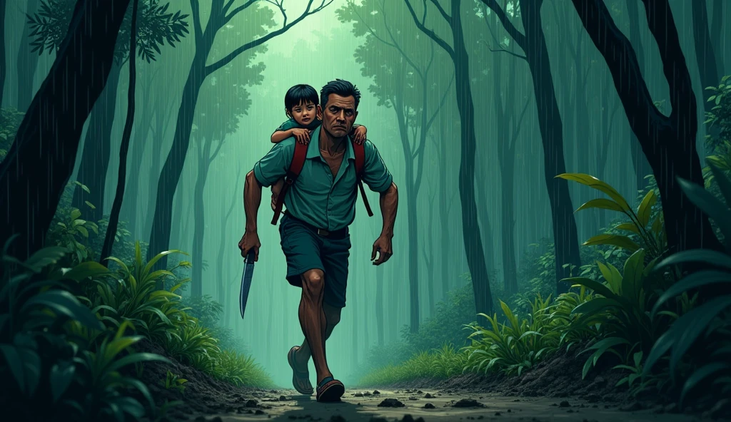 cartoon, a Vietnamese rural bushy narrow junger, thickset, densely wooded with the thunder, so dark, heavy raining, the man, sad father carrying daughter on his back, a knife in his hand, run very farst , in the style of colorful prisma, erased and obscured, iconic album covers, photography, 50mm