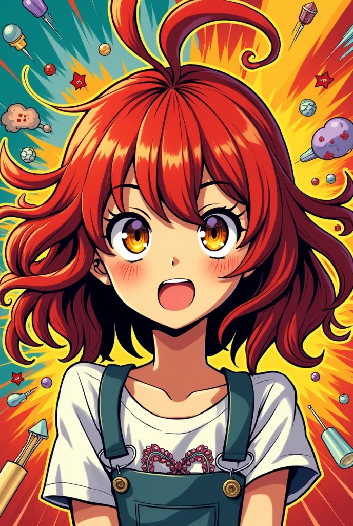 Create an image, Saiki Kusuo&#39;s comic pattern, a girl with yellowish orange eyes, medium wavy red hair with black highlights