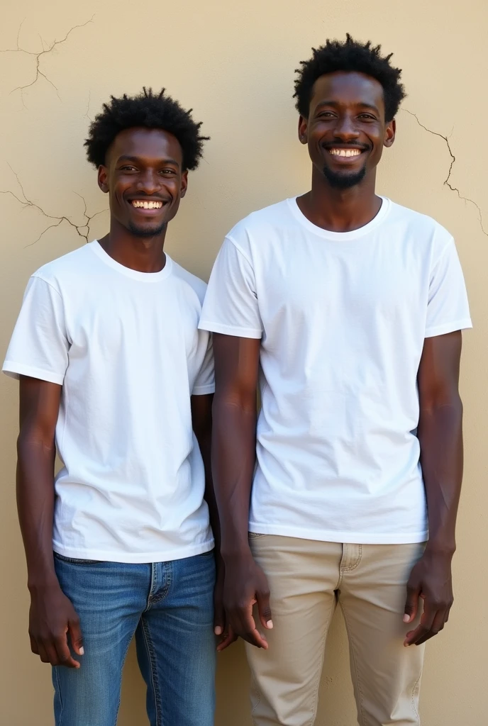 Create a split-image of the same light brown skinned Ethiopian man shown side by side against a a little bit cracked wall background to illustrate a before and after transformation. In the 'before' image on the left, depict the man as shorter and wearing a plain white T-shirt and jeans. In the 'after' image on the right, show the same man taller, with no change in  physique, wearing the same white T-shirt but with casual pants instead. Both images should have the man smiling and looking directly at the camera, with a noticeable difference in height and presence. The background should be minimalist with natural lighting, highlighting the transformation. Make the picture realistic 