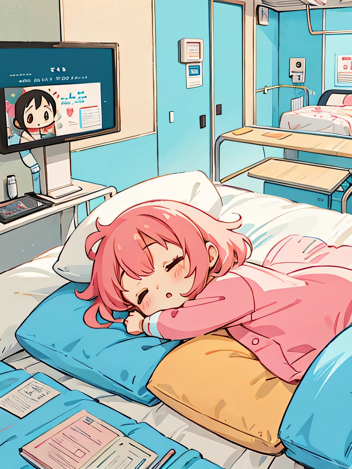 Hayao Mayazaki style, Kawaii Design, The most beautiful girl of all time、chibi, afternoon nap, Hospital bed