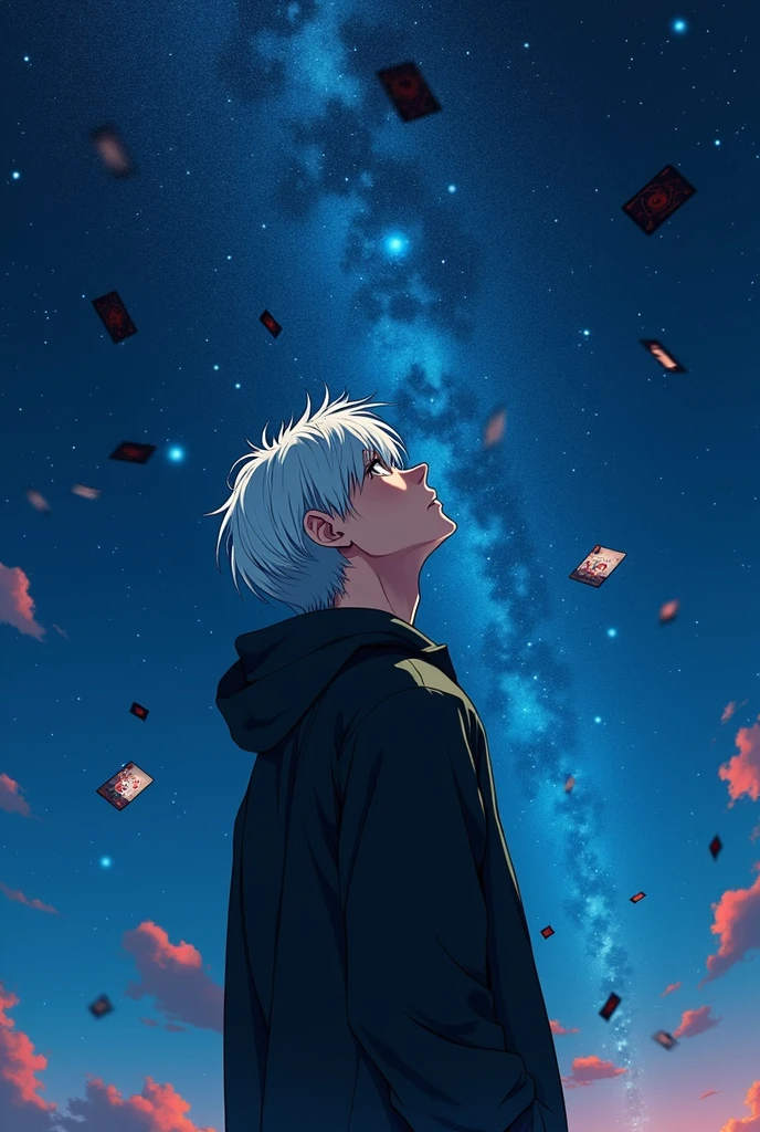 A man with white hair in a black windbreaker looking up at the starry night sky,The cards spun around him.,Anime style,Highly detailed,Film Lighting,dramatic,(Best quality,4K,8k,high resolution,masterpiece:1.2),Ultra Detailed,(lifelike,Photoreal,Photoreal:1.37),dramatic的灯光,Moody atmosphere,Dynamic composition,Intricate details,Vibrant colors,Whimsical fantasies,Surrealist elements,Magical Realism