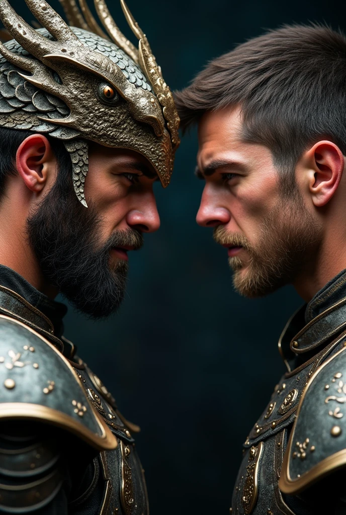 Two young men facing each other angrily wearing different armors with dark background, one of them is wearing a dragon designed crown. I need only their faces, closer.