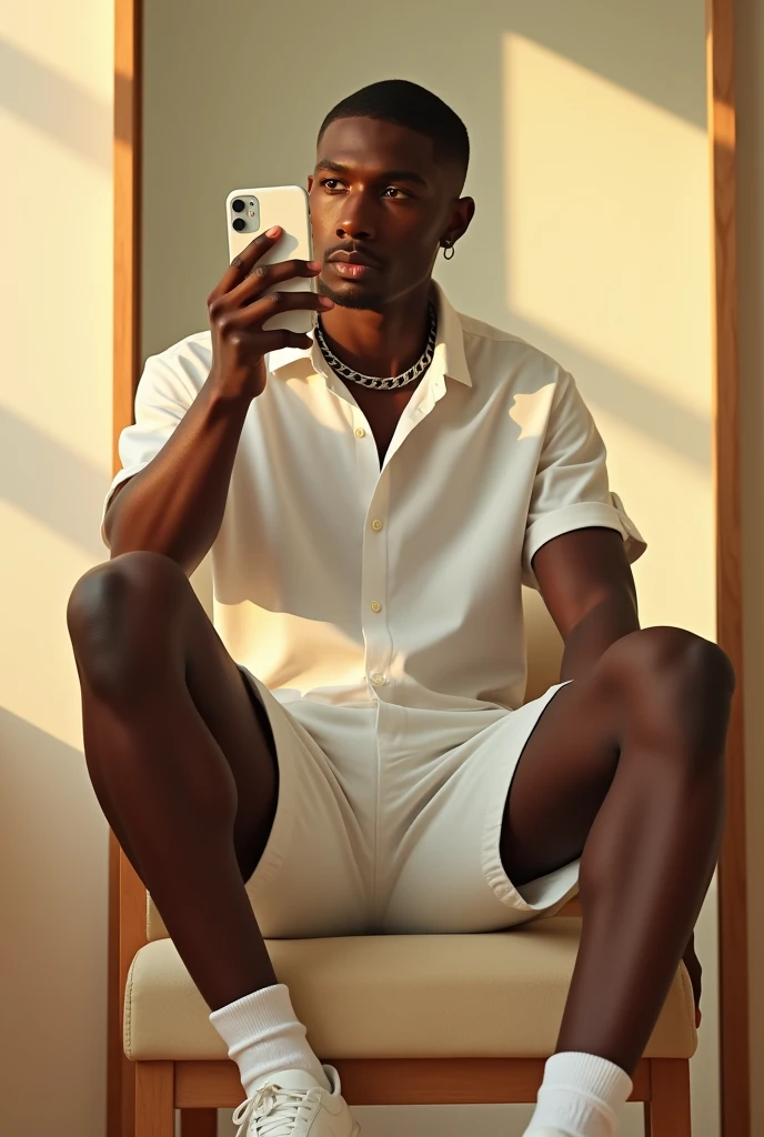 best qualityer:1.4), (ultra high resolution:1.2), (photorrealistic:1.4), (8k, CRU photo:1.2), a thin young man of 20 years old, skin black, with a smooth, beardless face, corte de cabelo buzzcut, is wearing a white short sleeve button down shirt, he is wearing white shorts. He's wearing white sneakers. is wearing a thin silver chain, is sitting on a chair in front of the mirror to take a photo. The cell phone is an iPhone with a white case.
