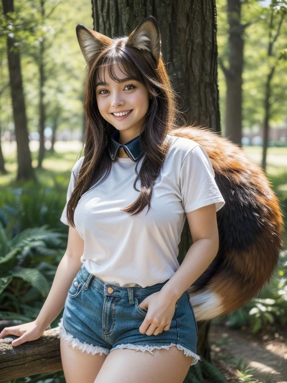 ((Highest quality, 8k)), ((masterpiece)), (Highest Resolution), Perfect Face, Fox Woman, Female college student, Beautiful woman, Outdoor, Only one tail, she has thick thighs, Her large tail, She has a brown fox tail., She wags her tail, Smiling with teeth showing, Fur collar, she is wearing shorts, Beautiful Hips , Fox tail sticking out of shorts