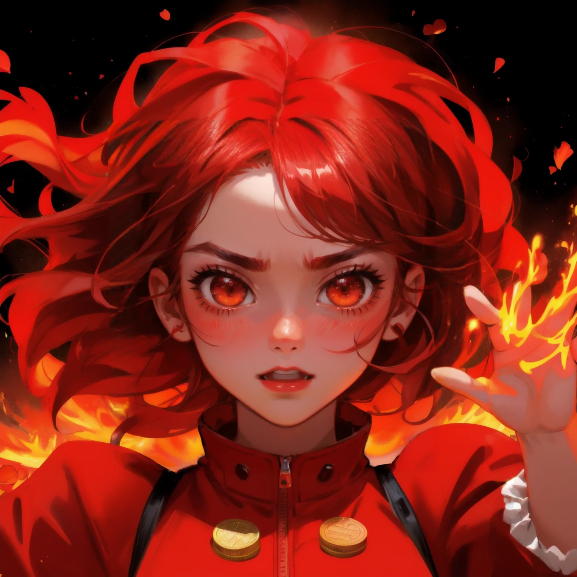 A vibrant, fiery scene with a red color theme, featuring a girl alongside an ape character, both displaying exaggerated emotions of panic and excitement. The girl should mirror the ape's energetic expression, with wide eyes and an animated pose. The background includes flames, coins, and an audience cheering with speech bubbles, maintaining the same lively and chaotic atmosphere."