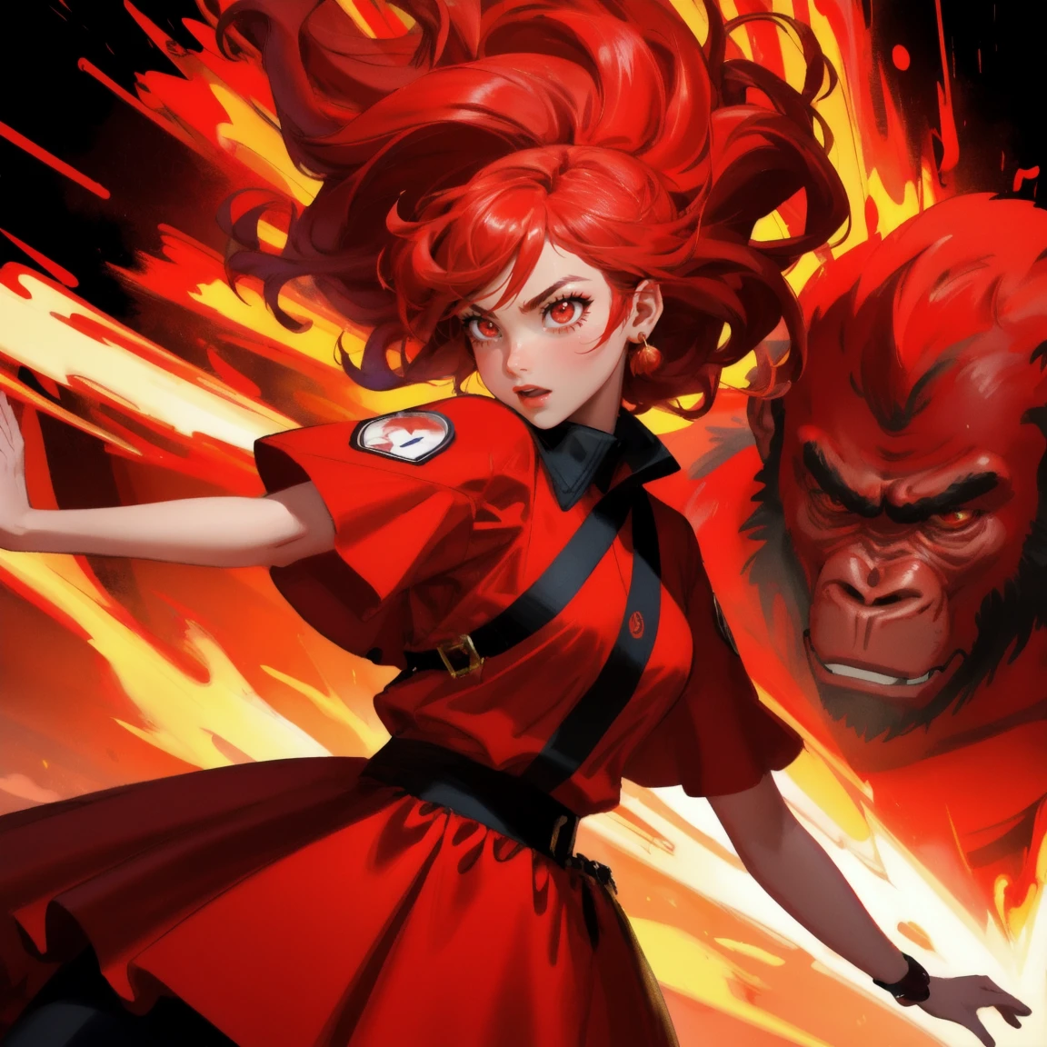 A vibrant, fiery scene with a red color theme, featuring a girl alongside an ape character, both displaying exaggerated emotions of panic and excitement. The girl should mirror the ape's energetic expression, with wide eyes and an animated pose. The background includes flames, coins, and an audience cheering with speech bubbles, maintaining the same lively and chaotic atmosphere."