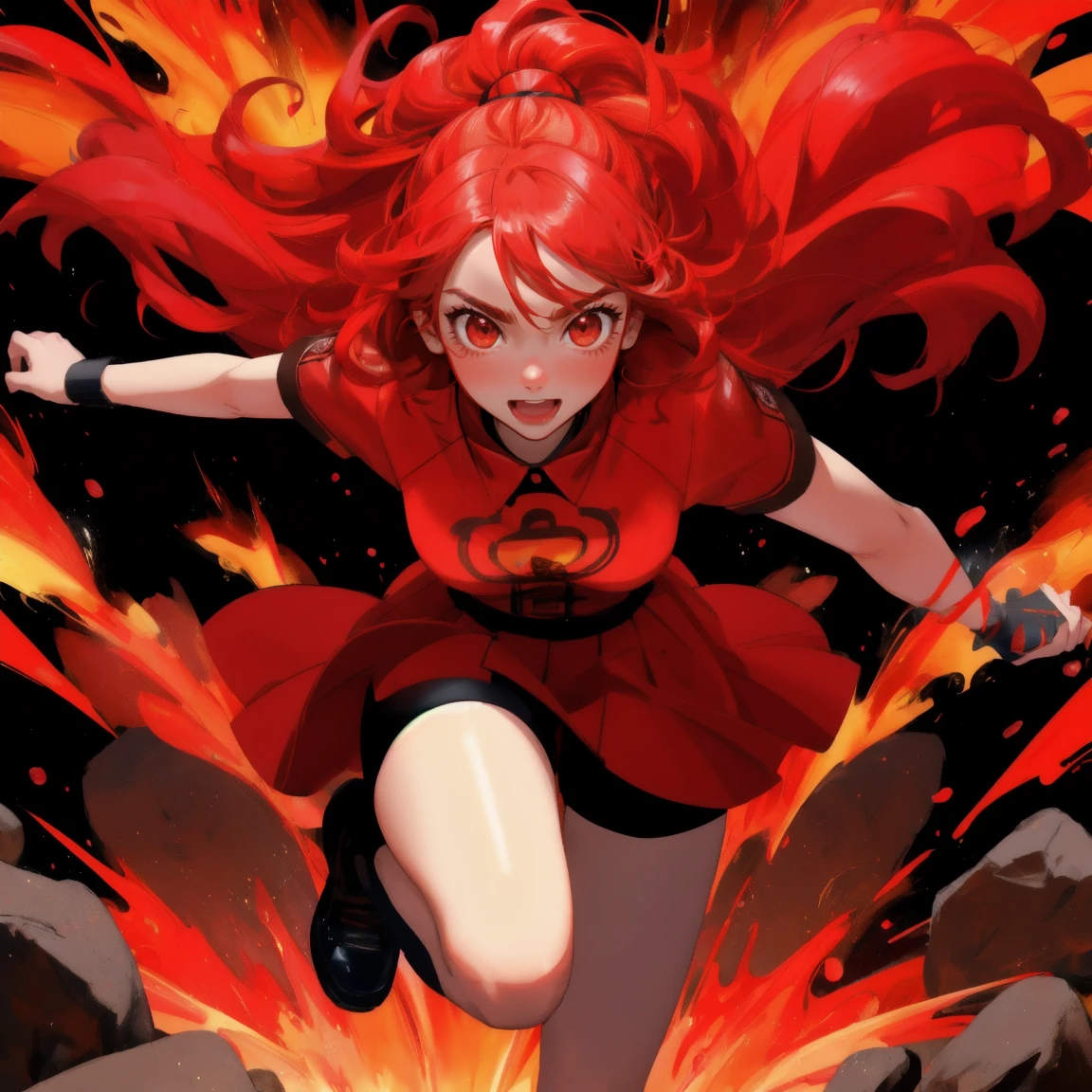 A vibrant, fiery scene with a red color theme, featuring a girl alongside an ape character, both displaying exaggerated emotions of panic and excitement. The girl should mirror the ape's energetic expression, with wide eyes and an animated pose. The background includes flames, coins, and an audience cheering with speech bubbles, maintaining the same lively and chaotic atmosphere."