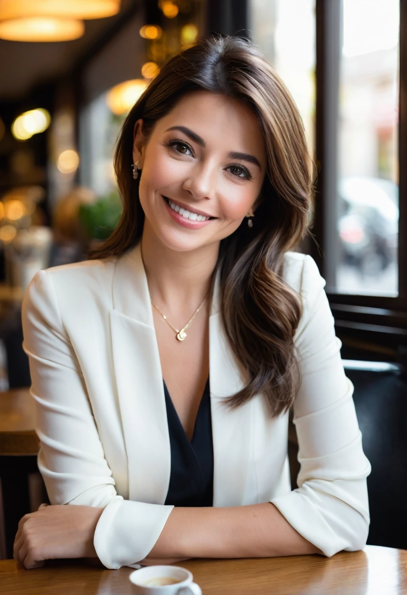 meme femme que précédent; Photo réaliste de 1 femme de 45 ans. Dans un café buvant un verre de vin, lumière sombre . assise sur une banquette devant une table. photo de biais. souriante. un femme chatain, cheveux mi longs droit. portant jupe bas top chemisier chaussures talons bijoux maquillage regard explicite flirt citadine cadre
