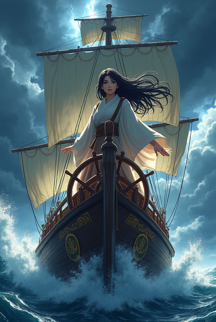 Japanese female explorer、Japanese anime style、Sailing、At the helm、In the rough seas