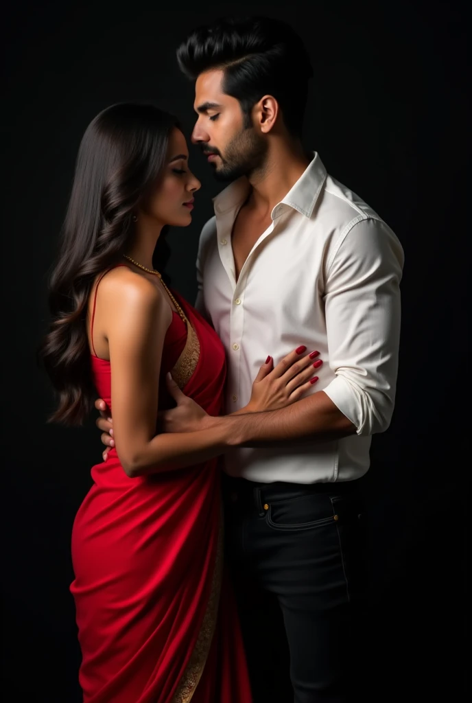 A beautiful lean Indian woman wearing read saree locking her hands with the handsome man's neck who is tall handsome muscular like a supermodel wearing white button up t-shirt and black jeans. Ai cover. His hands are on her waist. Background black. The man is indian. He should be like sidharth Malhotra . He is six feet tall
