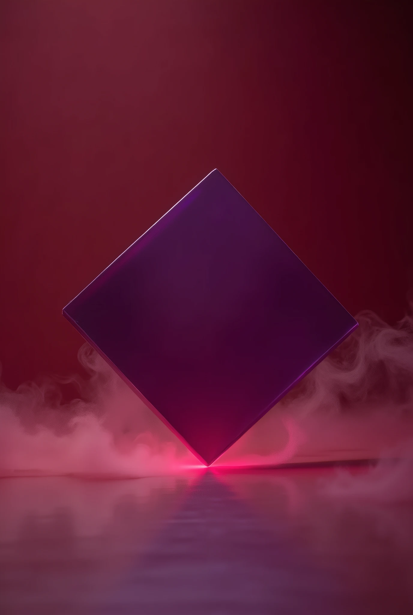 A concept music album cover, wine red minimalist background with a little smoke , main symbol is a square with its front facing tilted with the edge touching the ground, it is a semi-transparent opaque purple object, the point where the edge touches the ground gently reflects the object