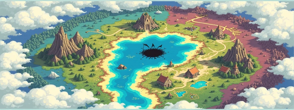 game map, Hyrule, Ancient Fantasy Regional Map, Highly detailed map,Detailed Map, Height Map,world map、Isekai Map、Map of the Kingdom、Otherworldly Adventure,K HD、meticulous、Ground View、Spread up,pixel art , There are 3 major countries of the human race, the blue line, the red border, the yellow border, and beside the yellow border is the sea, with a very deep black hole in the middle of the sea, the green line is the forest area, and the dark green is the very dense forest area, which is the place of the Elf race, and the purple area is the Demon race area, which is a desolate, polluted land, and the white border area is the high mountain area, the snowy area of the Dragon race. , (Top of view)
