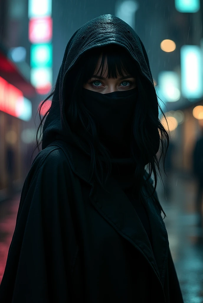 Raven Noir wears a ninja style face covering similar to Kakashi from the Naruto cartoon.. This cover covers most of her face., showing only sharp eyes—dark gray or dark green. Her jet black hair peeked out from behind the veil she wore, adds a mysterious impression to her appearance. This face covering adds a layer of mystery, making his identity even harder to guess, both as men and women.
