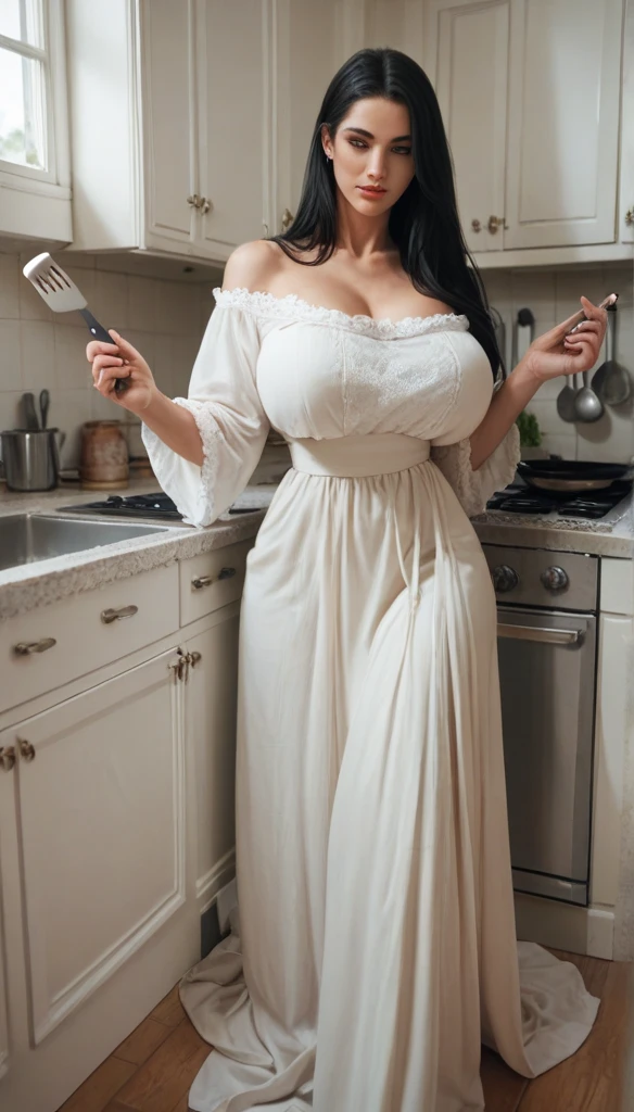 A Beautiful woman,  giant breast, long black hair, long dress, kitchen, use spatulla