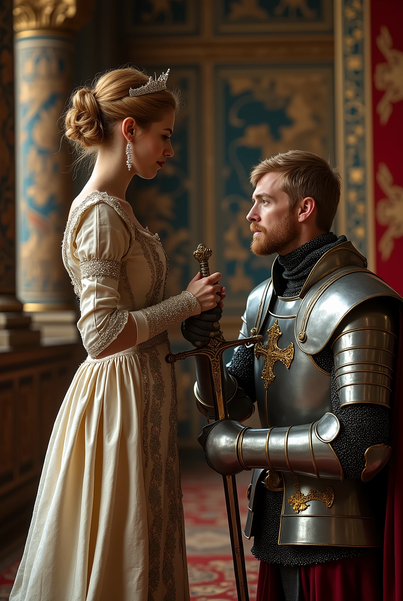 There is a man and woman dressed in medieval clothing standing together ...