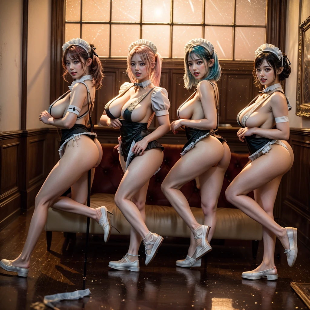 (Full Body of Extremely Detailed((Sexy Maid Group in a row:1.37))), KAWAII perfect face, Reflective Eyes, Detailed(Delicate Clothing textures), Correct Stretchy graceful legs, Dynamic Joyful Expressions LifeLike Rendering, Specular Reflection, TopQuality 8K Ultra-detailed masterpiece (ProfessionalPhoto:1.37), (Acutance:0.8), (Luminism:1.28), Renaissance art style, (Colorful Light particles), ((Full body from side)) {Kissing Face to Face|Cute Peach AssFocus|(NakedApron with Overflowing SideBoob)}, Radiant Fine Skin with Transparency, (Exposed:0.4), {Pink Hair|LightBlue Hair|Pure White Hair|Blonde|Liquid Hair|Red Shoes}, Perfect Lighting