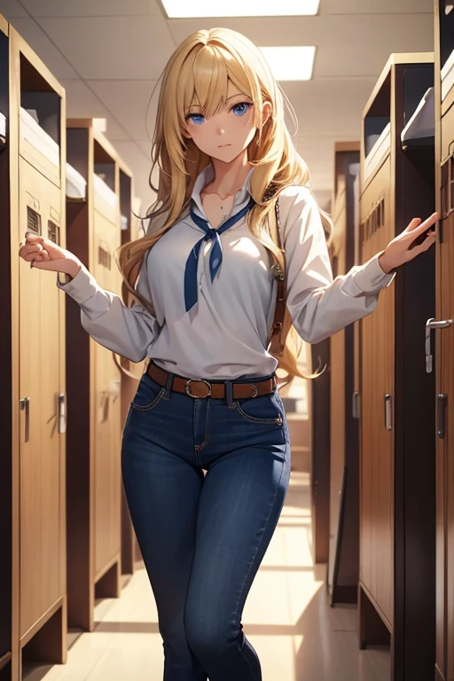 Anime style female character with blond, wavy, waist-length hair, side V bangs, and blue eyes, portraying a calm and dignified demeanor with a mature face. She is wearing skinny jeans with high boots over the jeans, and a refined top. The setting is a typical Japanese school hallway, featuring lockers and classroom doors, embodying her composed and authoritative personality. The character stands confidently, reflecting her strong presence in this academic environment.