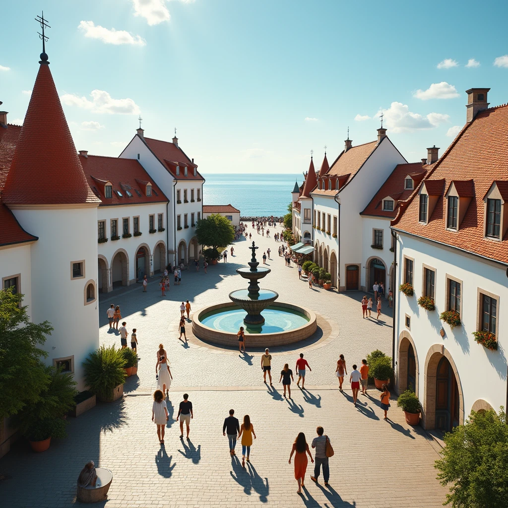 8k,White wallとOrange roofでUnityされた港町,Medieval Luxembourg landscape,Large square and fountain in the center of town,masterpiece,Photorealistic RAW photos of the highest quality。Bright colors,Rich colors, Backlight, Cinema Lighting, Film Grain, to be born, 50mm lens, Nikon D850,Fantasy art,Ultra-high resolution,White wall,homer,Beautiful sea,Beautiful expression,People passing by々々,Landscape Photography,Orange roof(Unity),Buildings in medieval Europe,