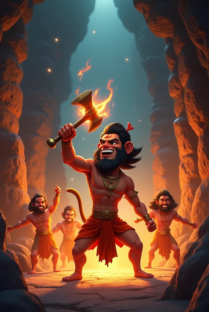 In cinematic 3d cartoon style
"Depict a dramatic scene set in the mystical underworld of Patal Lok. In the center, Hanuman, the monkey god, is shown in his powerful and divine form, with a focused expression, slicing through the five heads of Ahiravan simultaneously using his mace. The background is a dark, eerie cave with flickering torches, ancient symbols, and mystic energy swirling around. Lord Ram and Lakshman are seen tied in the background, their expressions relieved as they witness Hanuman's victory. The overall atmosphere should be intense, with vibrant contrasts of dark shadows and glowing light, highlighting the divine power of Hanuman."