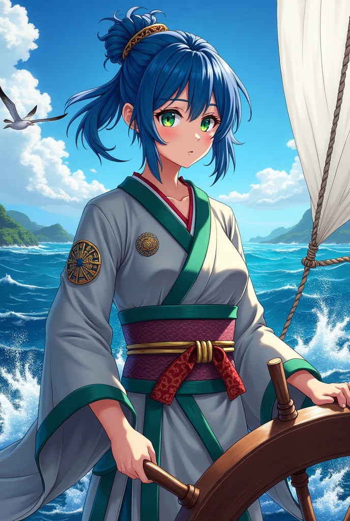 Japanese female explorer、Japanese anime style、Sailing、At the helm