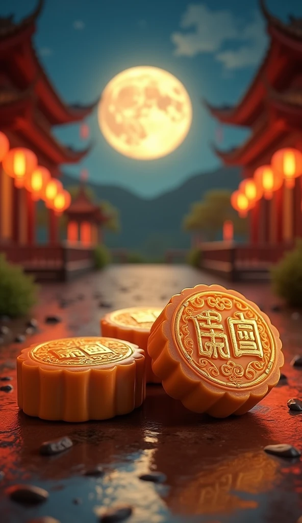 Create artistic depictions of mooncakes with inscriptions "E-Rubik" On the surface of the cake,  Chinese Mid-Autumn Festival, ，Bright Moon，Highest quality，3D Modeling Rendering，C4D Style，Wide Wide Shot，8k