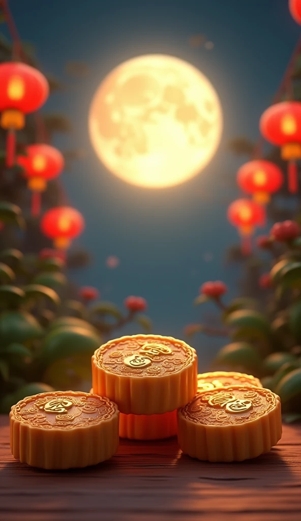 Create artistic depictions of mooncakes with inscriptions "E-Rubik" On the surface of the cake,  Chinese Mid-Autumn Festival, ，Bright Moon，Highest quality，3D Modeling Rendering，C4D Style，Wide Wide Shot，8k