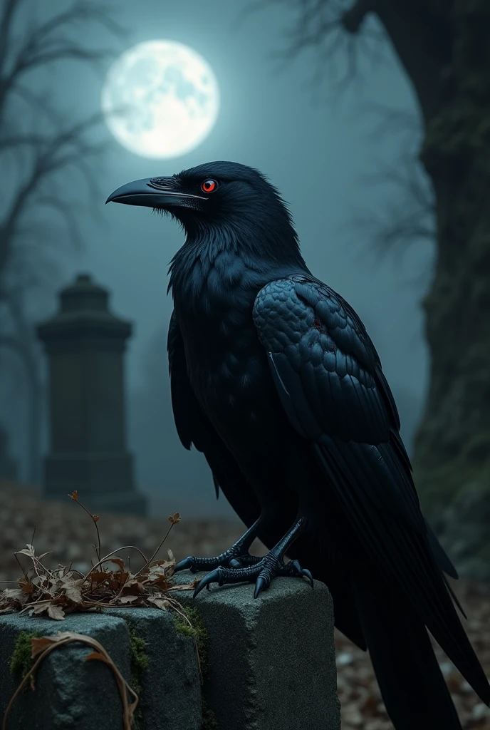PHOTOREALISM PERFECTLY SYNCHRONISED IMAGE masterpiece, best quality, extremely detailed digital art of a crow scream of black and shiny feathers, fierce red eyes of molten lava, bruised wounds, intricate details, sitting in a dry mediaeval tomb, cemetery, leaves in the wind, sinister atmosphere of terror, full moon night, gothic, RAW, UHD, 8K.