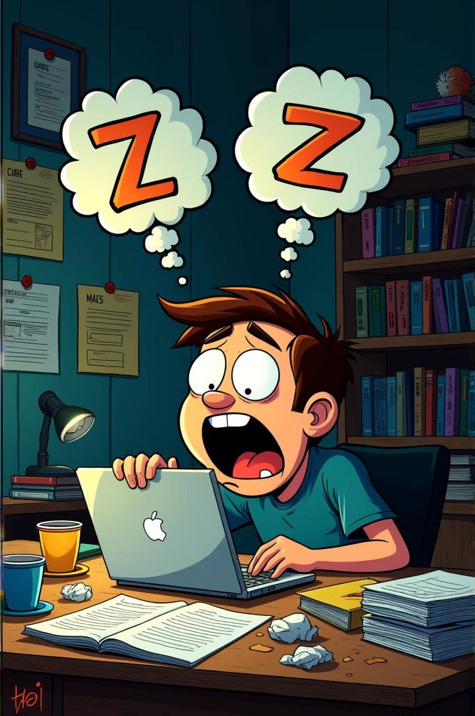 The image depicts a cartoon character sitting at a desk with a laptop. The character's exaggeratedly large, open mouth suggests either a yawn or a shout, and they appear to be slumped over in an exhausted or frustrated manner. Although there's an alhabet Z Z Z like sleep, the image conveys feelings of fatigue, boredom, or exasperation often associated with long hours of work or study