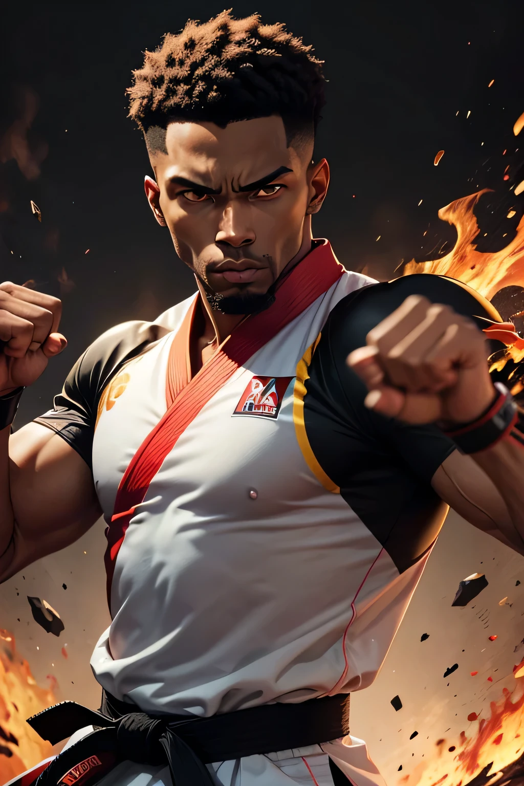 a Black man, with red and yellow eyes, shorth hair, wearing a karate uniform with a black belt, showing the starting position of karate with a serious face.