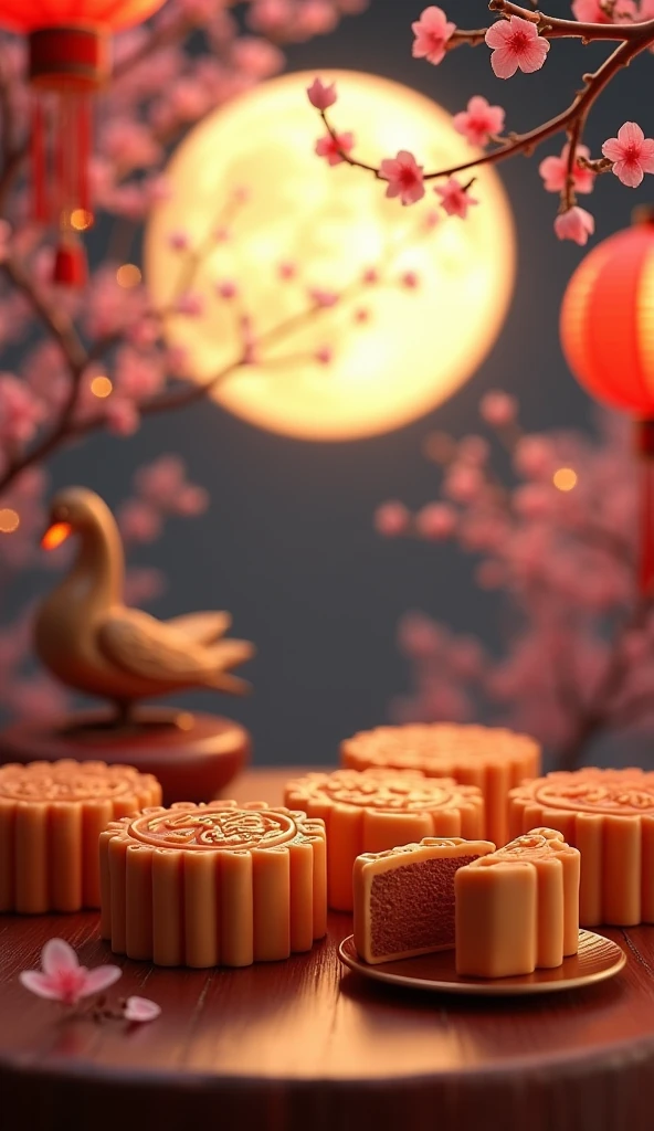 Create artistic depictions of mooncakes with inscriptions "E-Rubik" On the surface of the cake, Chinese Mid-Autumn Festival, ，Bright Moon，Highest quality，3D Modeling Rendering，C4D Style，Wide Wide Shot，8k