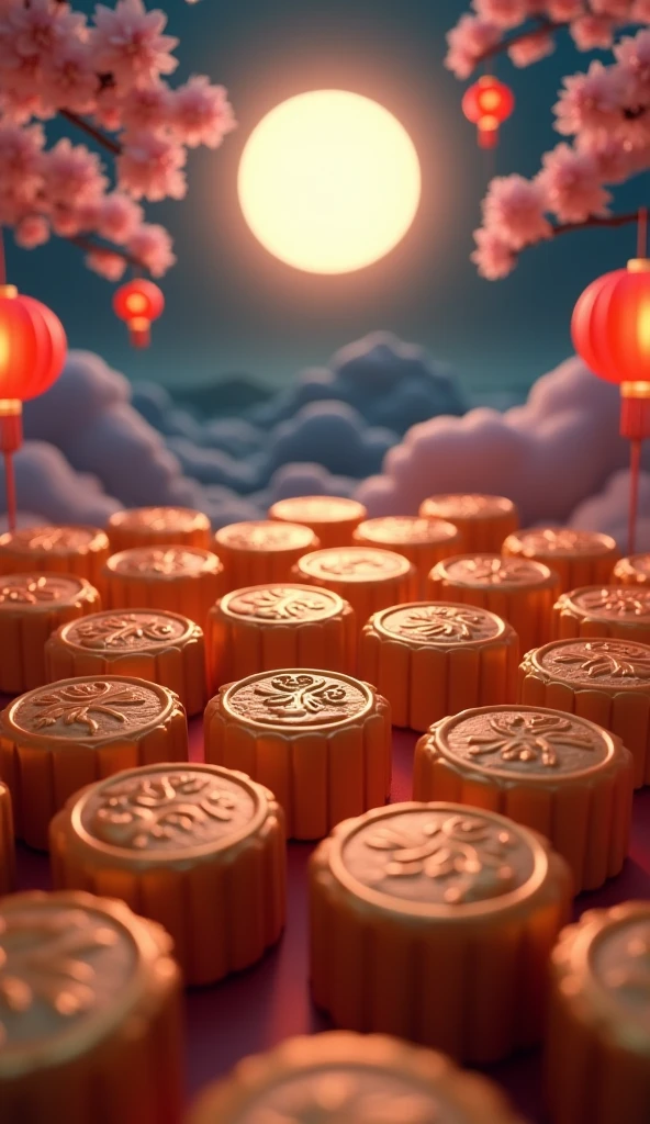 Create artistic depictions of mooncakes with inscriptions "E-Rubik" On the surface of the cake, Chinese Mid-Autumn Festival, ,Bright Moon,Highest quality,3D Modeling Rendering,C4D Style,Wide Wide Shot,8k