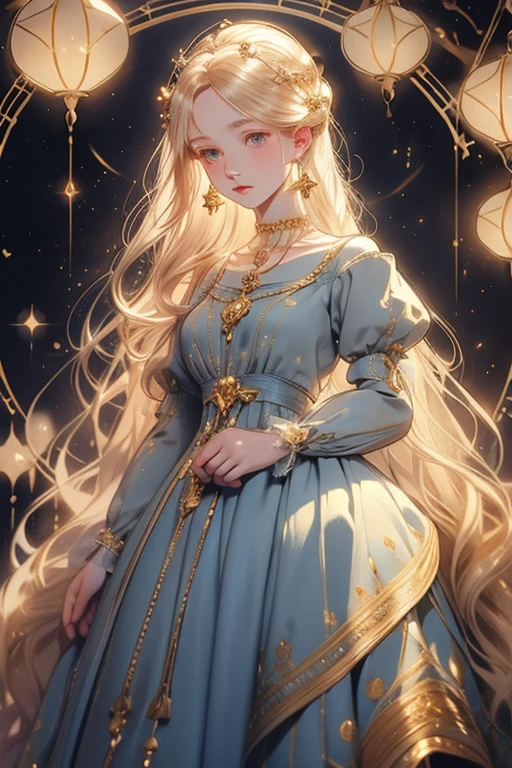 lamplight, beautiful woman, gold eyes, (Detailed eyes, The eyes are bright), Long blonde hair, pale-skinned, blue earrings, blue necklace, medium skin, dark blue dress, Meticulous gown, golden accessories on clothes, blue flowers on hair, (perfect anatomia), Highqualityshadow, natural lighting, (White highlights),overcast day, (starrysky), (shining)