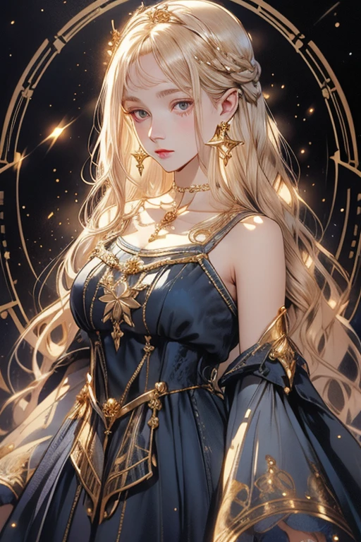 lamplight, beautiful woman, gold eyes, (Detailed eyes, The eyes are bright), Long blonde hair, pale-skinned, blue earrings, blue necklace, medium skin, dark blue dress, Meticulous gown, golden accessories on clothes, blue flowers on hair, (perfect anatomia), Highqualityshadow, natural lighting, (White highlights),overcast day, (starrysky), (shining)