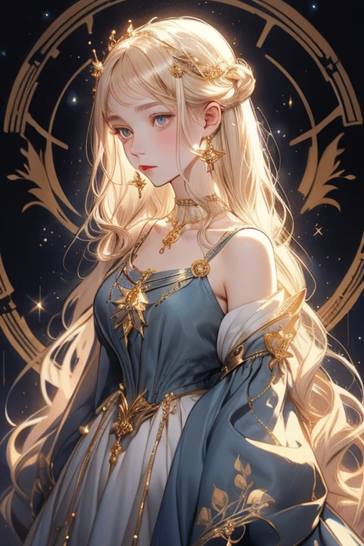 lamplight, beautiful woman, gold eyes, (Detailed eyes, The eyes are bright), Long blonde hair, pale-skinned, blue earrings, blue necklace, medium skin, dark blue dress, Meticulous gown, golden accessories on clothes, blue flowers on hair, (perfect anatomia), Highqualityshadow, natural lighting, (White highlights),overcast day, (starrysky), (shining)