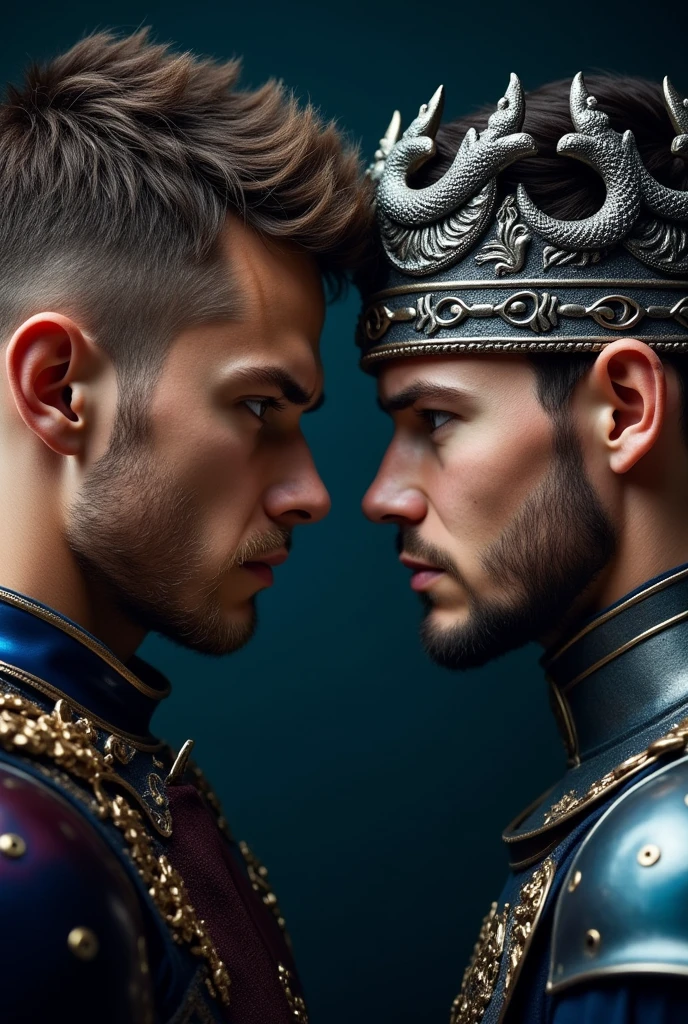 Two young men facing each other angrily wearing different-colored armors with dark background, one of them is wearing a dragon designed crown. I need only their faces, closer.