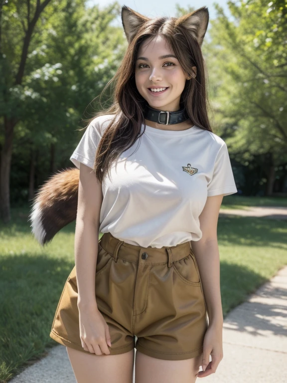 ((Highest quality, 8k)), ((masterpiece)), (Highest Resolution), Perfect Face, Fox Woman, Female college student, Beautiful woman, Outdoor, Only one tail, she has thick thighs, Her large tail, She has a brown fox tail., She wags her tail, Smiling with teeth showing, Fur collar, she is wearing shorts, Beautiful Hips , Fox tail sticking out of shorts