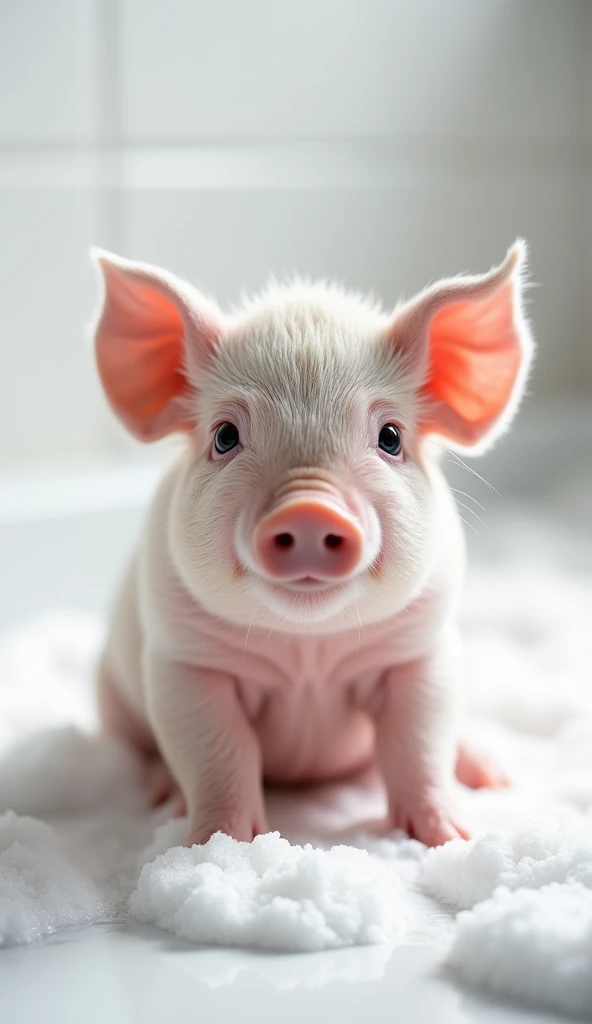 A cute and real little pig, sit on the floor,Chubby,Round head,Big bright eyes, Fluffy, Delicate and exquisite, Real version of pig,Play with real white foam in the bathroom,Very happy look,Pure white high-end bathroom background,Character front position,9:16 frames,Ultra-high-definition picture quality