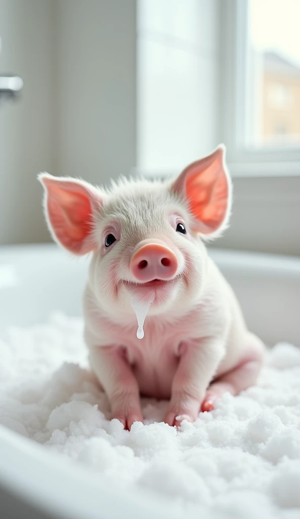 A cute and real little pig, sit on the floor,Chubby,Round head,Big bright eyes, Fluffy, Delicate and exquisite, Real version of pig,Play with real white foam in the bathroom,Very happy look,Pure white high-end bathroom background,Character front position,9:16 frames,Ultra-high-definition picture quality