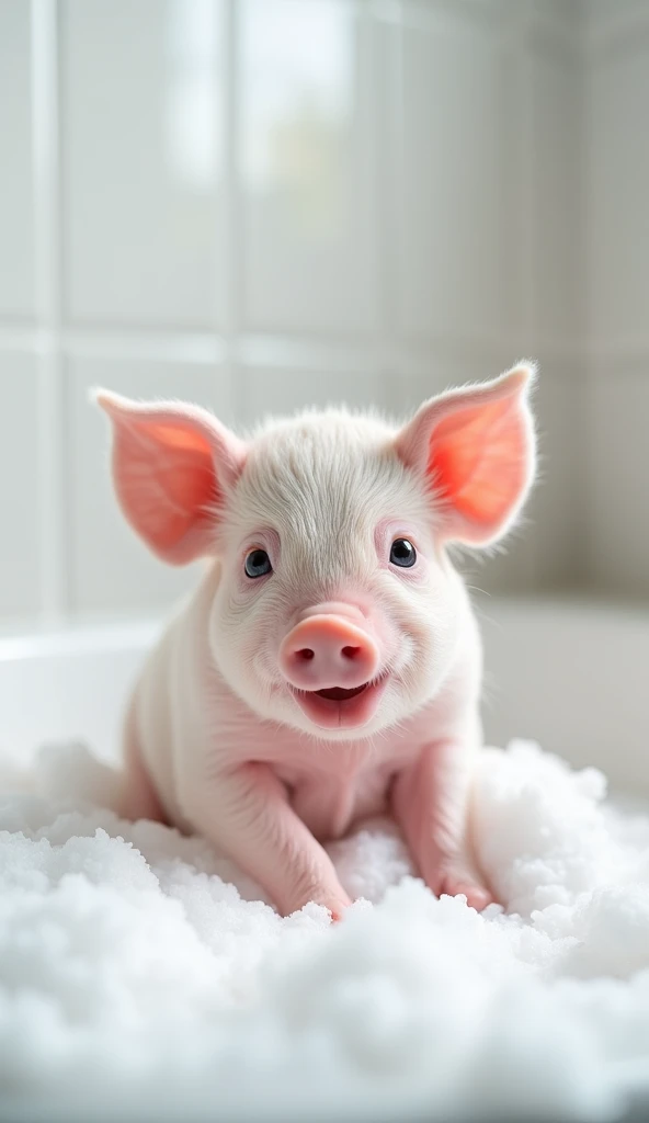 A cute and real little pig, sit on the floor，Chubby，Round head，Big bright eyes, Fluffy, Delicate and exquisite, Real version of pig，Play with real white foam in the bathroom，Very happy look，Pure white high-end bathroom background，Character front position，9:16 frames，Ultra-high-definition picture quality